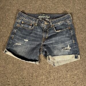 American Eagle Womens Distressed Denim Shorts Dark Wash Blue Cuffed Size 6